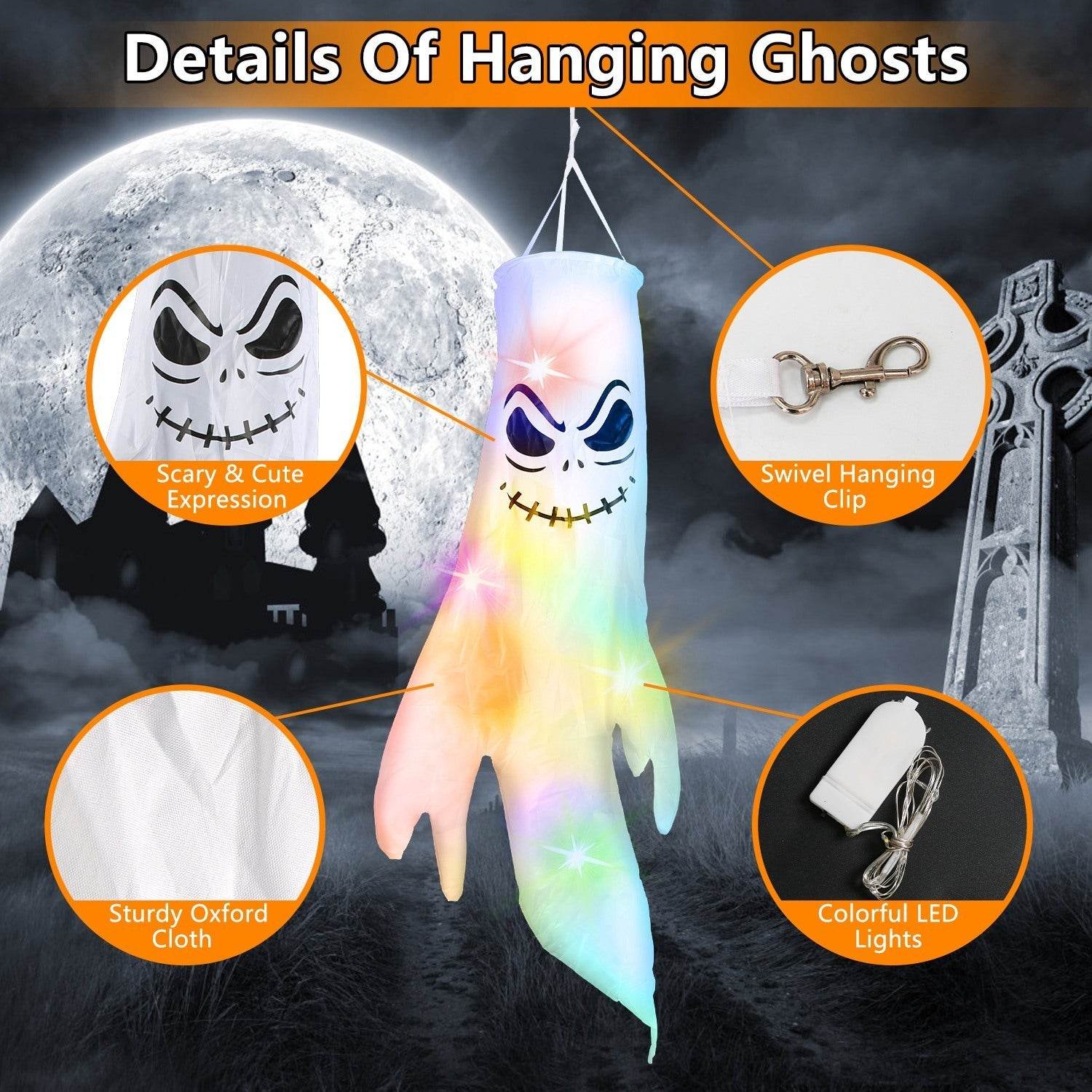 4Pcs Per Set Halloween Ghosts With Witch Hats Windsocks Hanging Decoration With Colorful LED Light Outdoor Flag Wind Socks Halloween Party Decoration For Yard Garden Tree - www.Shopthatapp.com