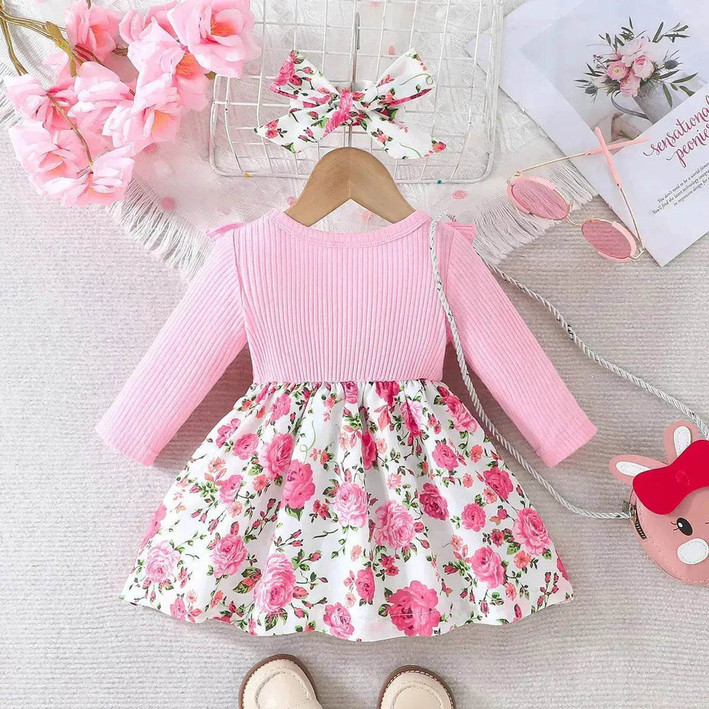 Newborn baby girl Winter floral Printed Bow Dress Suit Baby girl Dress outwear for girls plus head bowtie Baby girl pink dress - www.Shopthatapp.com