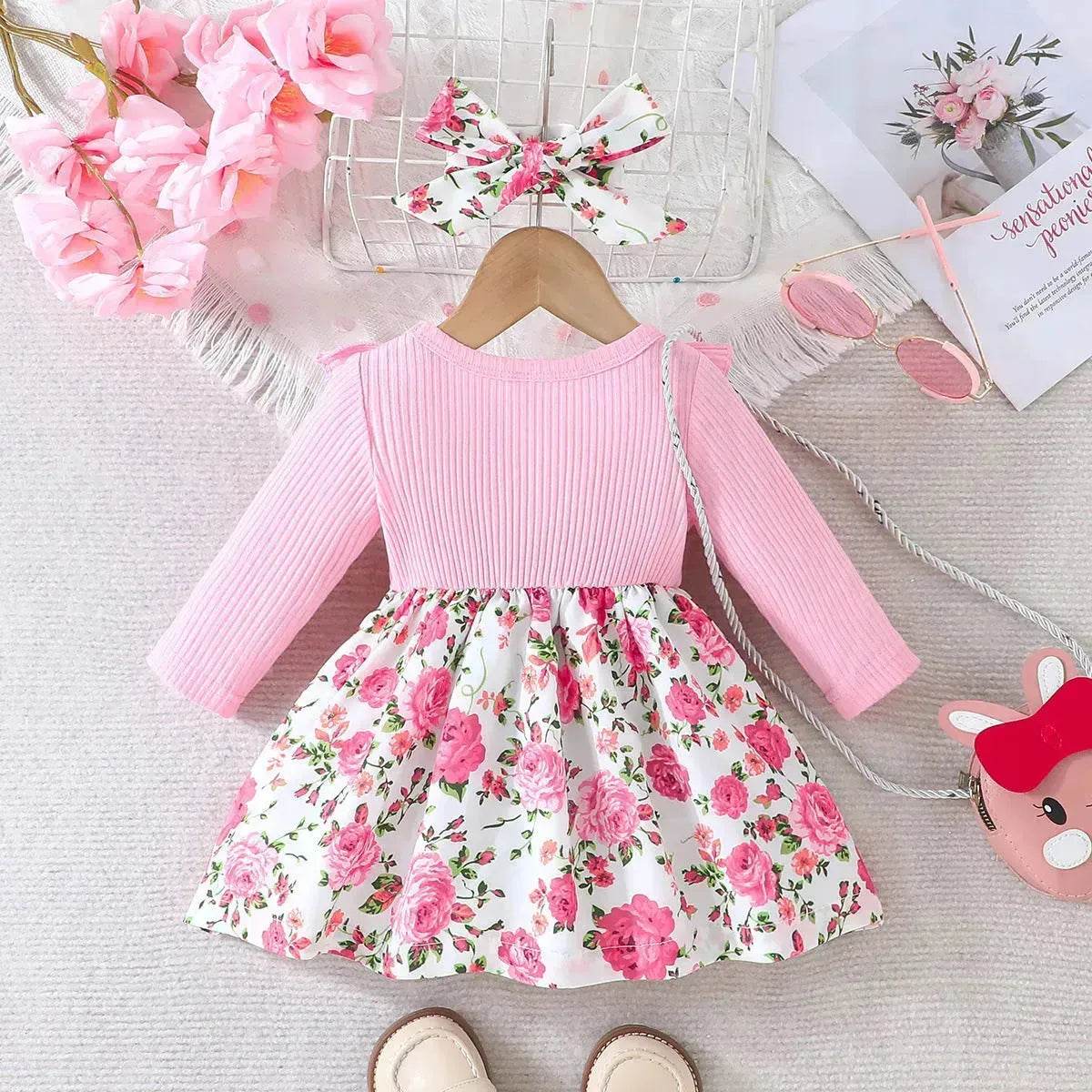 Newborn baby girl Winter floral Printed Bow Dress Suit Baby girl Dress outwear for girls plus head bowtie Baby girl pink dress - www.Shopthatapp.com