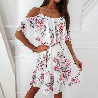 Flower Printed Ruffled Suspender Dress Summer Off-the-shoulder Strap Dresses Women - www.Shopthatapp.com