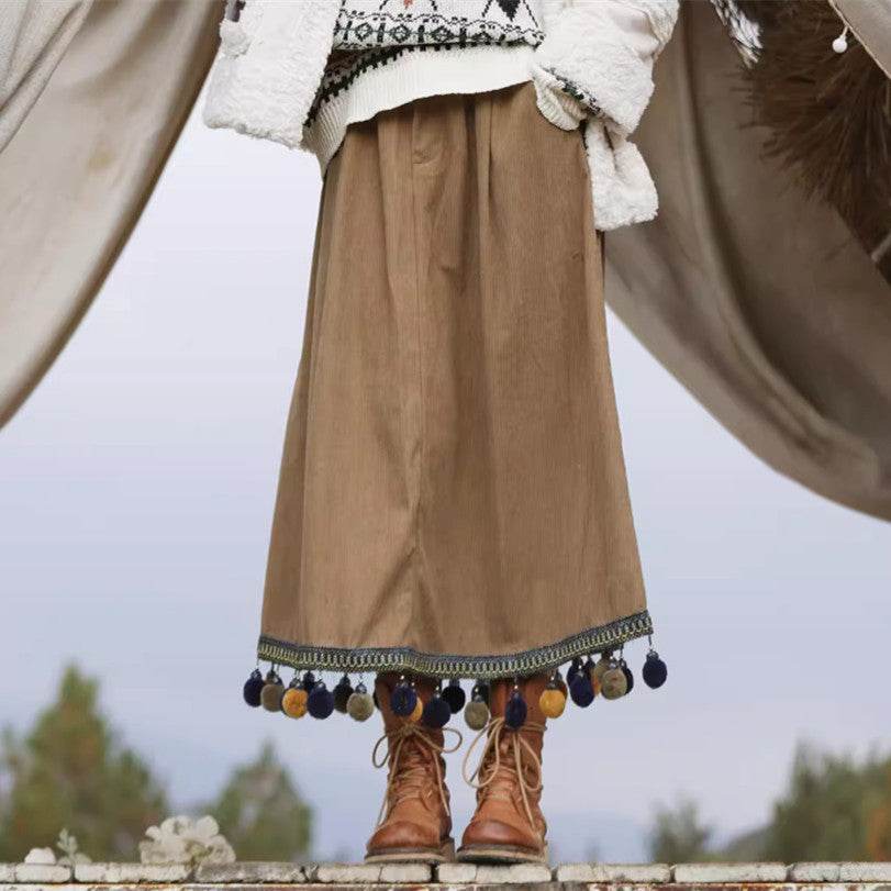 Corduroy Ethnic Style Fur Ball Stitching Brown High Waist Tassel Versatile Maxi Skirt - www.Shopthatapp.com