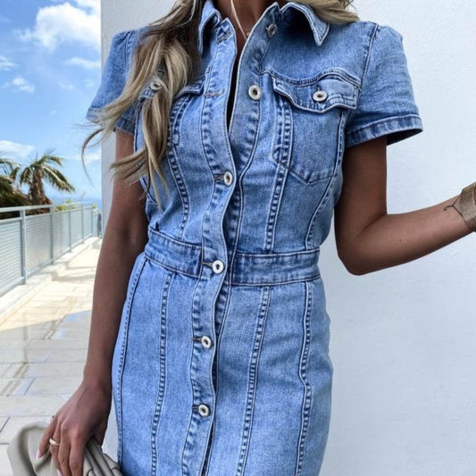 Stretch Mid Length Retro jeans Slim Single-breasted button down short sleeve Denim Dress - www.Shopthatapp.com