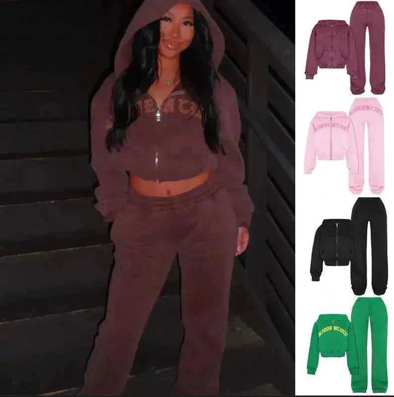 Ins Letter Sports Suit Zip-up Hooded Cropped Sweatshirt  jogging  pant tracksuit Fashion Womens Clothing Two piece joggers - www.Shopthatapp.com