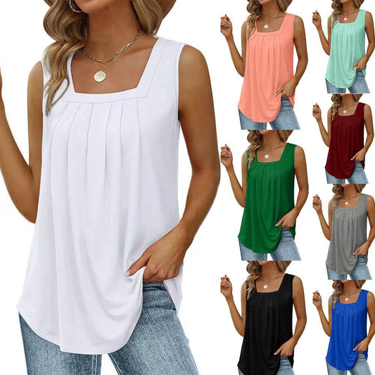 Summer cotton Tops For Women Loose Fit Pleated Square Neck Sleeveless Blouse Tops - www.Shopthatapp.com