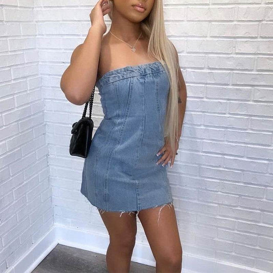 Fashion Backless Tube Denim Dress Summer Sexy Y2K Slim Short Dresses For Women Clothing - www.Shopthatapp.com