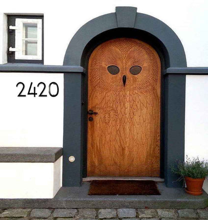 Elegant black aluminum number 5 displayed on a wooden decorative door with owl design