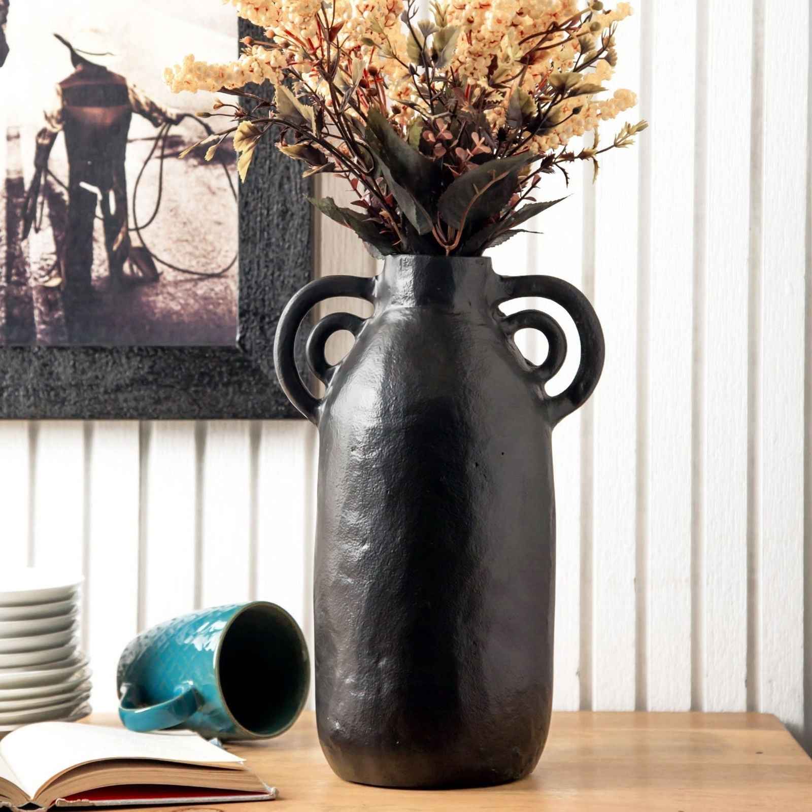 Elegant black aluminum vase from iDekor8 featuring unique handles, perfect for floral arrangements