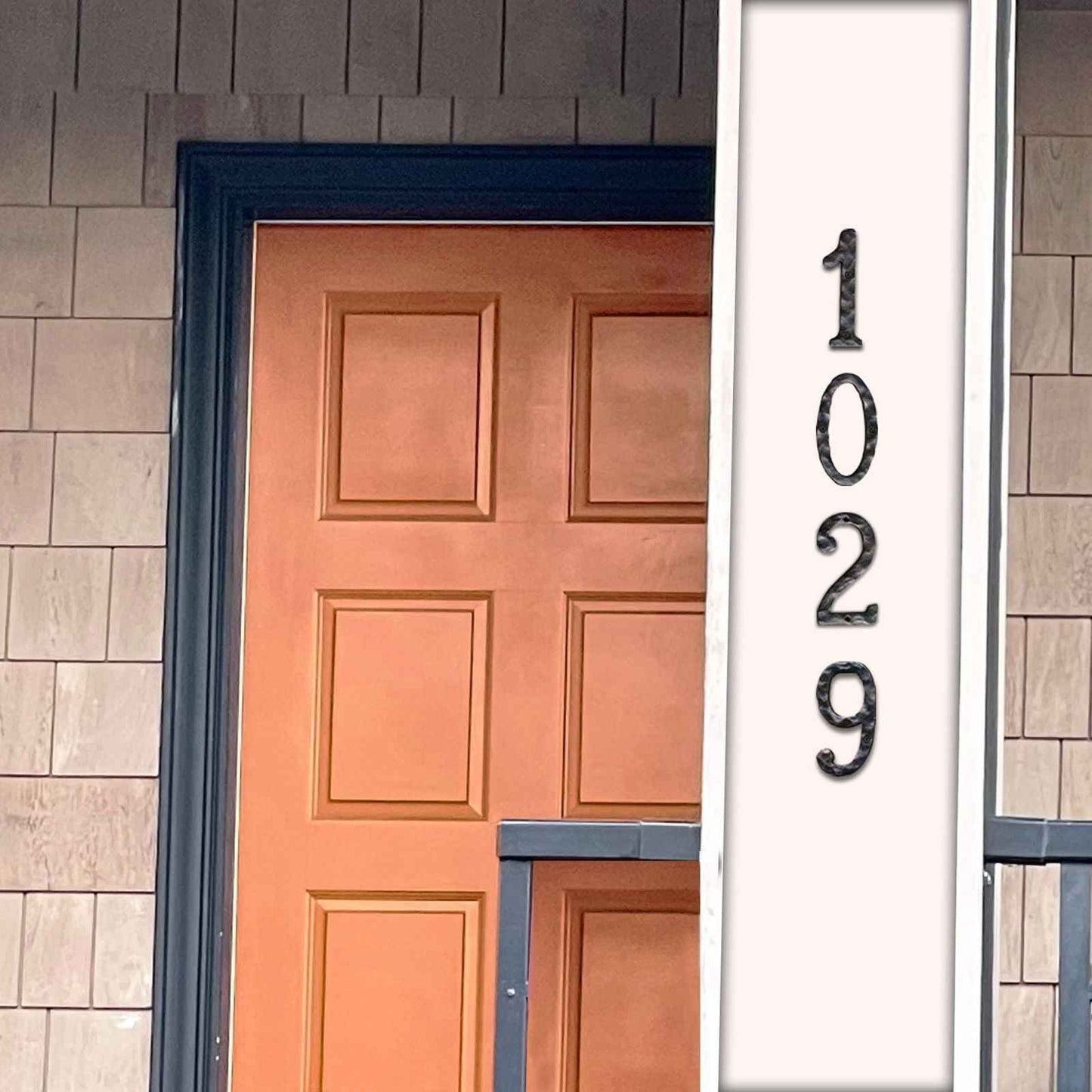 Black cast iron letter C displayed on a stylish home entrance with a vibrant door