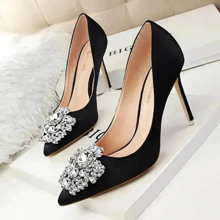 Black High Heels Women Stiletto Professional Leather Shoes Pointed Toe - www.Shopthatapp.com