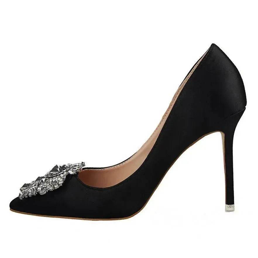 Black High Heels Women Stiletto Professional Leather Shoes Pointed Toe - www.Shopthatapp.com