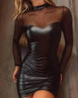 Black Mesh Stitching Slim Fit Sheath Leather Mini Dress - www.Shopthatapp.com