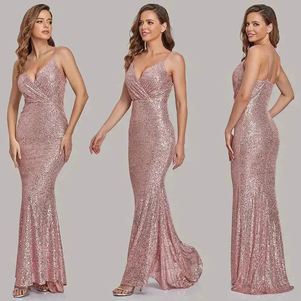 Body Fitted Wedding Bridesmaid Party Sequined Champagne lovely Long Dress - www.Shopthatapp.com