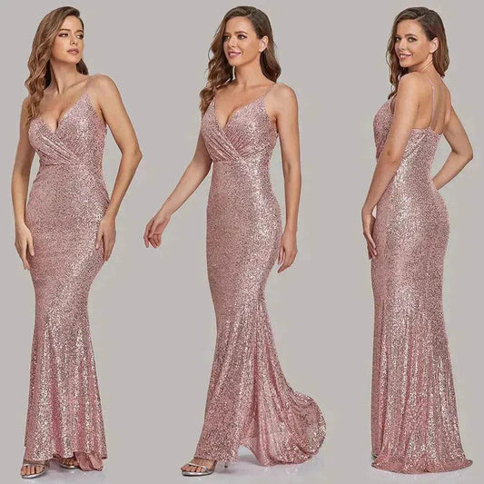 Body Fitted Wedding Bridesmaid Party Sequined Champagne lovely Long Dress - www.Shopthatapp.com