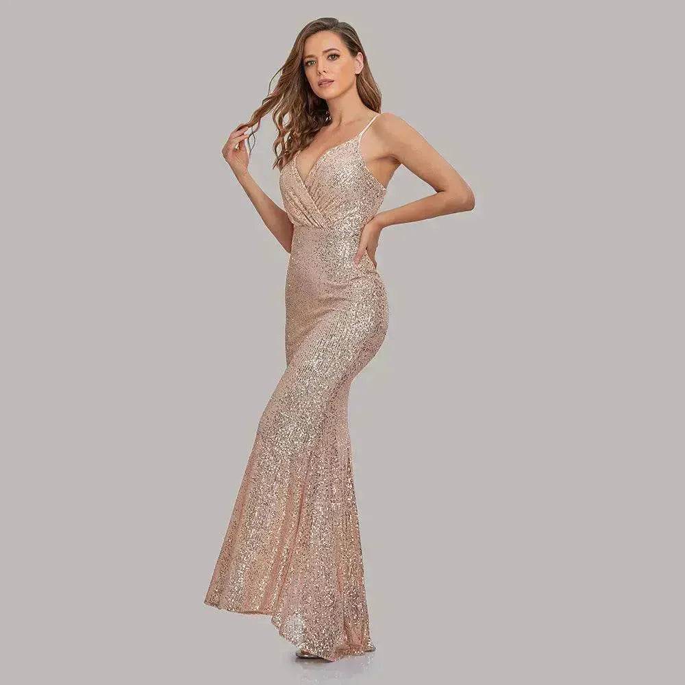 Body Fitted Wedding Bridesmaid Party Sequined Champagne lovely Long Dress - www.Shopthatapp.com