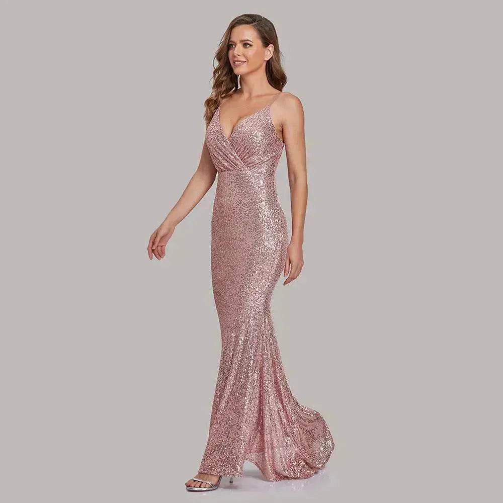 Body Fitted Wedding Bridesmaid Party Sequined Champagne lovely Long Dress - www.Shopthatapp.com