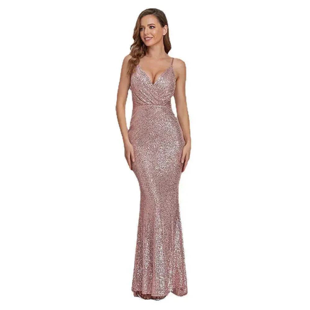 Body Fitted Wedding Bridesmaid Party Sequined Champagne lovely Long Dress - www.Shopthatapp.com