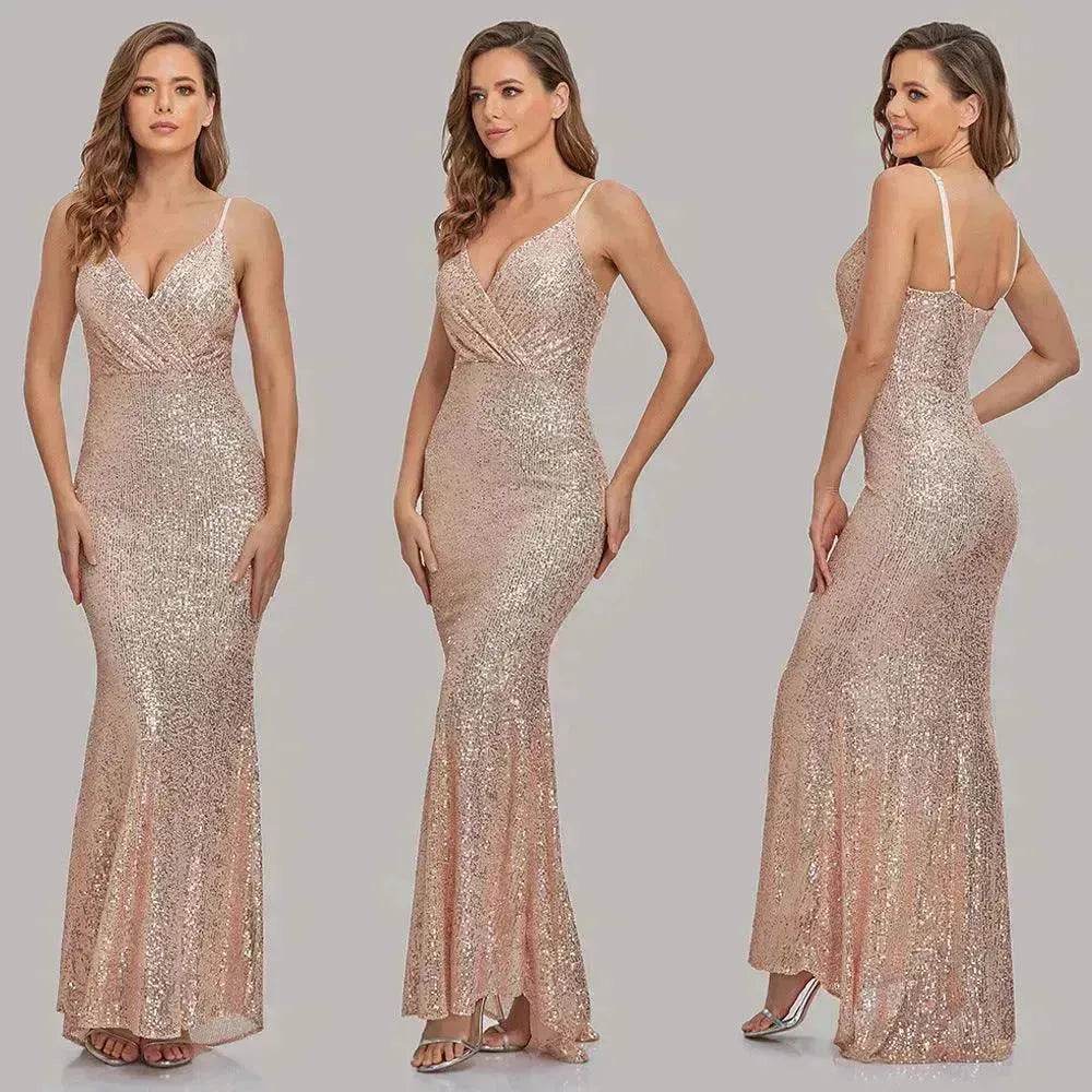 Body Fitted Wedding Bridesmaid Party Sequined Champagne lovely Long Dress - www.Shopthatapp.com