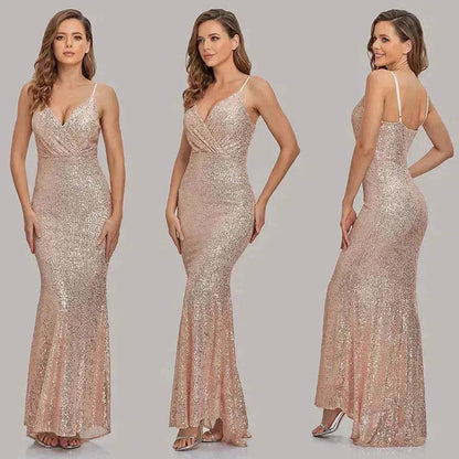 Body Fitted Wedding Bridesmaid Party Sequined Champagne lovely Long Dress - www.Shopthatapp.com