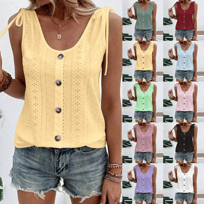 Casual summer U-neck Vest Women Shoulder With Bow Tie Summer blouse top - www.Shopthatapp.com