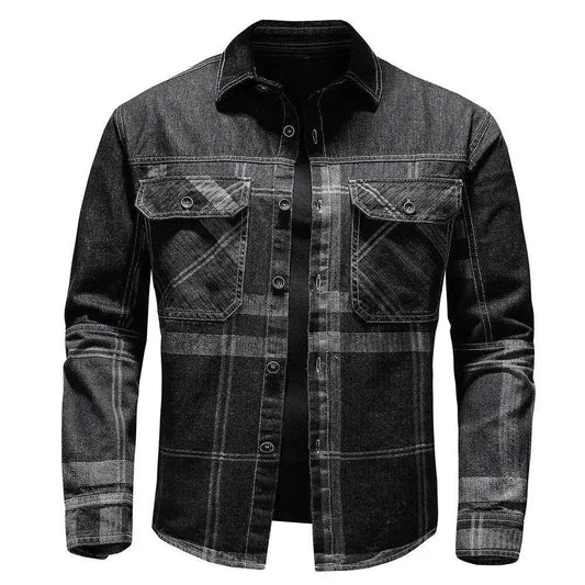Fashion Plaid Denim Long-sleeved mens denim shirt Slim fit Jeans Shirt for men Denim top for men - www.Shopthatapp.com