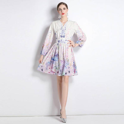 Elegant V-neck Vintage Floral Print Long Sleeves Dress Spring - www.Shopthatapp.com