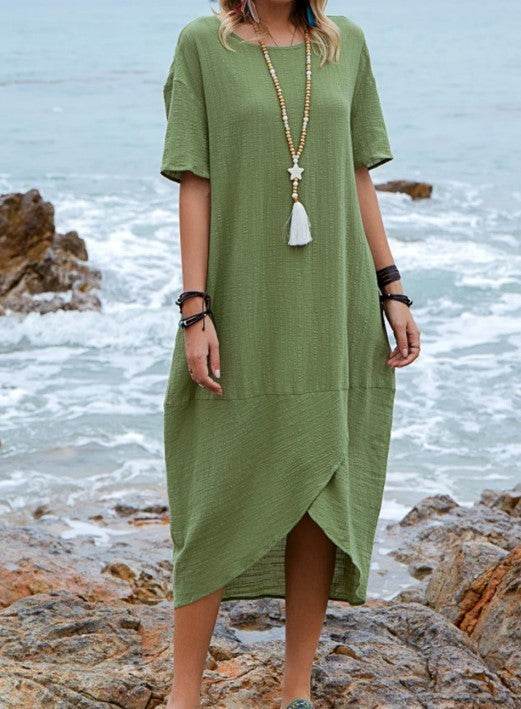 Women Maxi Dress Neck Pocket Summer Loose Casual Baggy Robe Female Retro Long Dresses - www.Shopthatapp.com