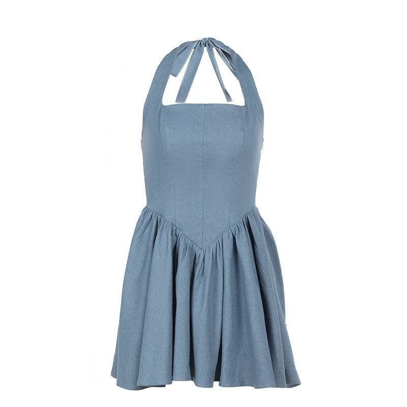 Women sleeveless Sling Waist jeans Denim Dress Backless halter neck flared mini dress - www.Shopthatapp.com