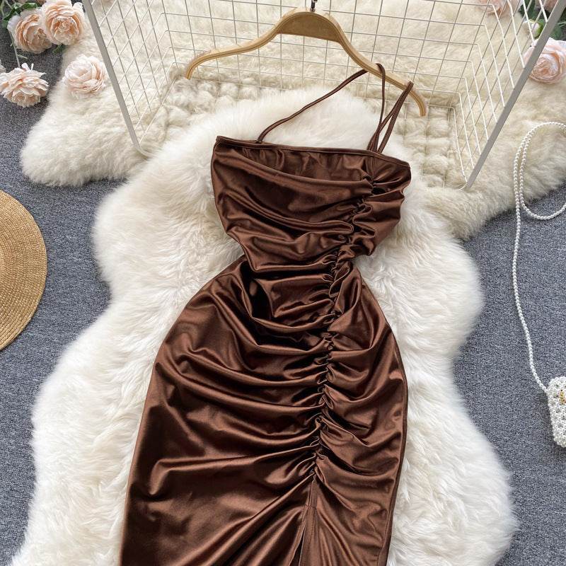 Elegant Women Sleeveless One shoulder Drawstring Satin Dress for Party, Wedding, Cocktail - www.Shopthatapp.com
