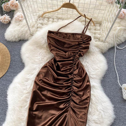 Elegant Women Sleeveless One shoulder Drawstring Satin Dress for Party, Wedding, Cocktail - www.Shopthatapp.com