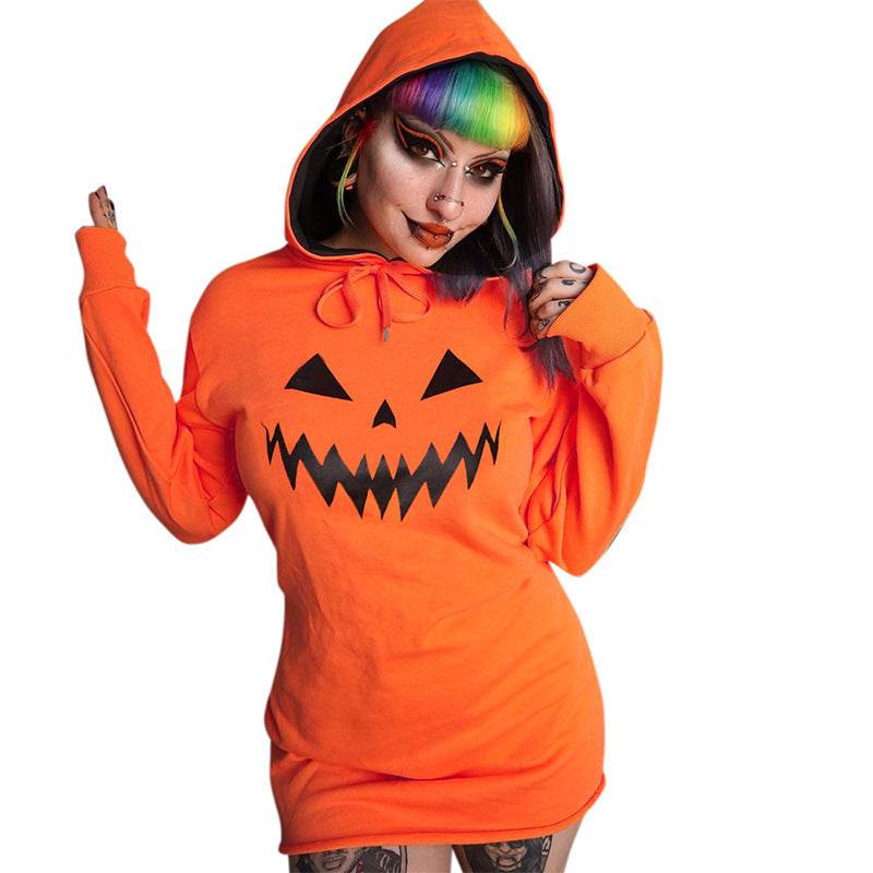 Halloween Costume Pumpkin Print Long Sleeve Hoodie Dress - www.Shopthatapp.com