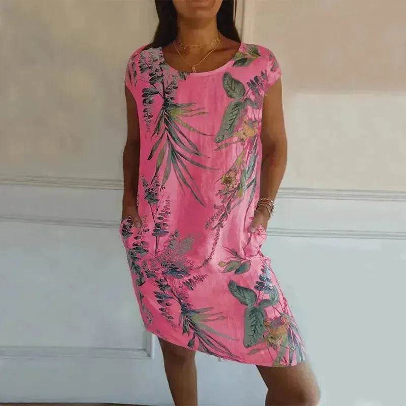Casual Floral Printed Straight Dress Summer Loose Round Neck Short Sleeve Midi Dresses Womens Clothing - www.Shopthatapp.com
