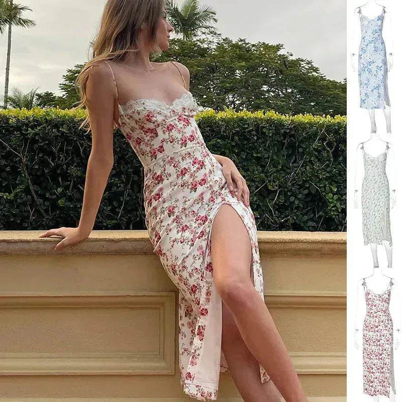 Women's Floral Spaghetti Strap Cami Dress Lace Trim Side Slit Bodycon Midi summer Dress - www.Shopthatapp.com