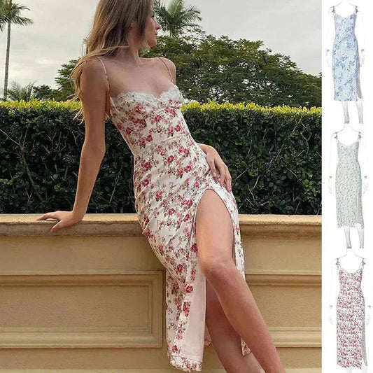 Women's Floral Spaghetti Strap Cami Dress Lace Trim Side Slit Bodycon Midi summer Dress - www.Shopthatapp.com