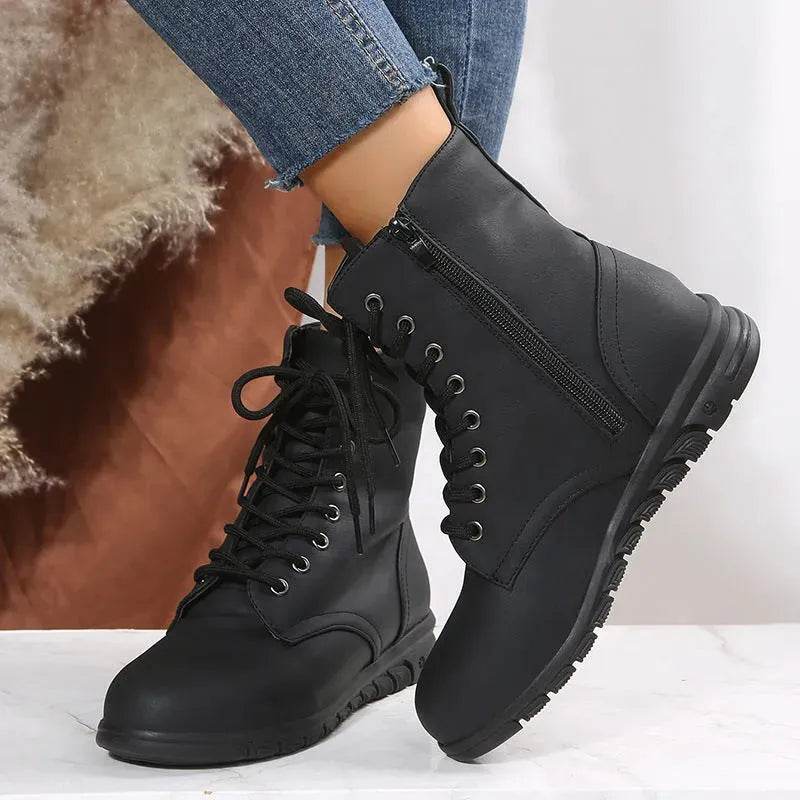 Round Toe Martin Shoes Mid-calf Length Large Size Leather Boots - www.Shopthatapp.com