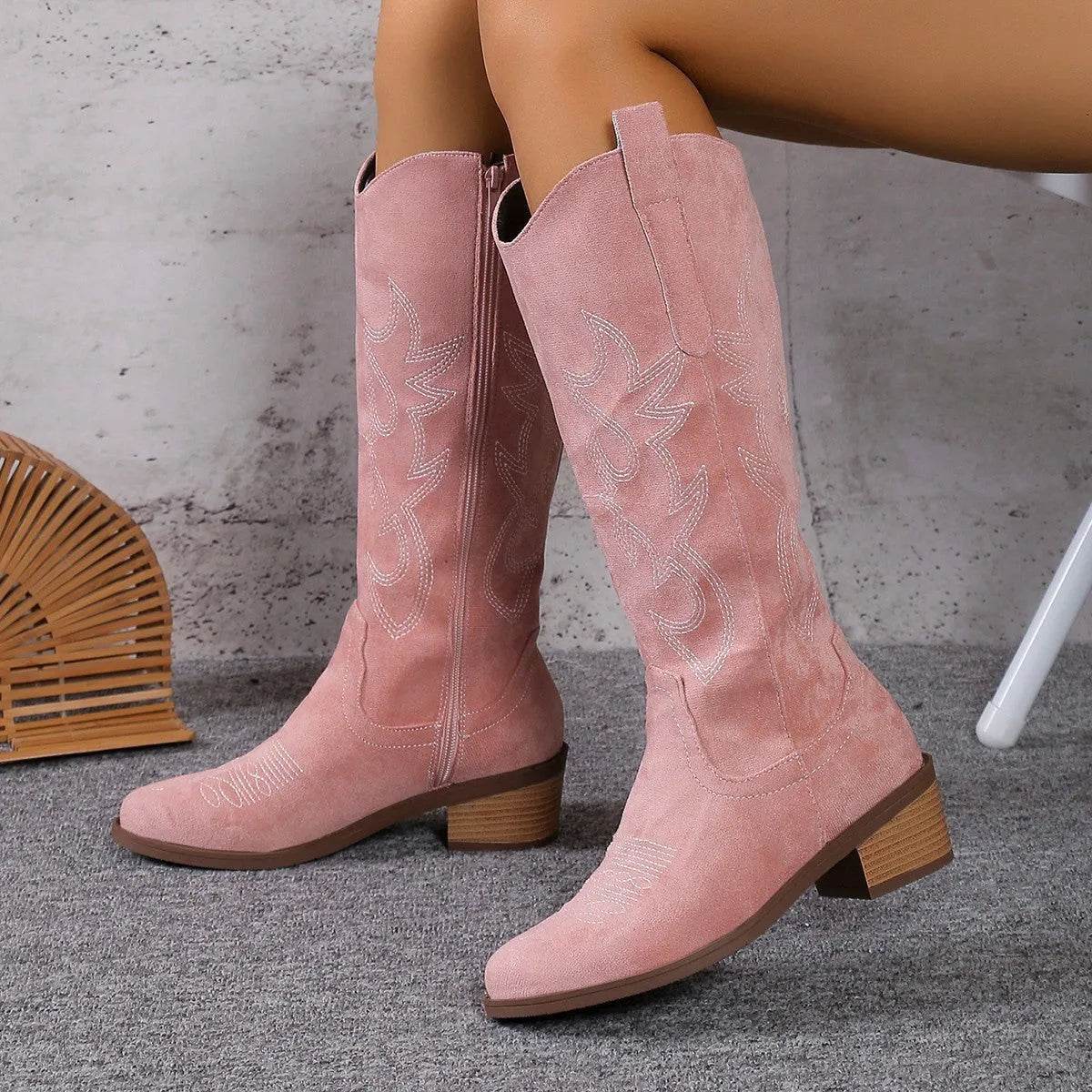 Women's Retro Pointed Toe Chunky Heel Solid Color Side Zipper Mid-calf Cowboy Boot - www.Shopthatapp.com