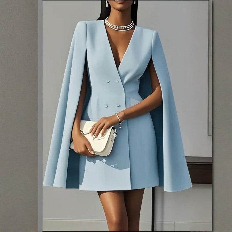 Formal V Neck Double-Breasted Mini Cape Sleeve Dress - www.Shopthatapp.com