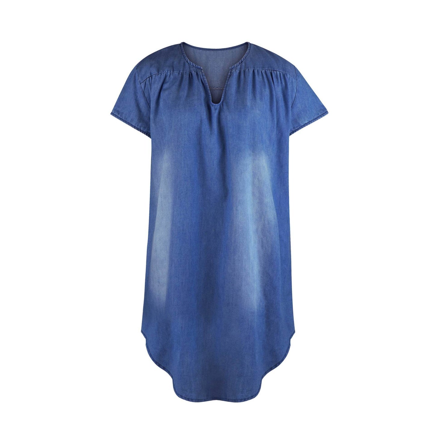 Round Neck Pleated Loose Solid Color Casual Plus Size Denim Dress - www.Shopthatapp.com