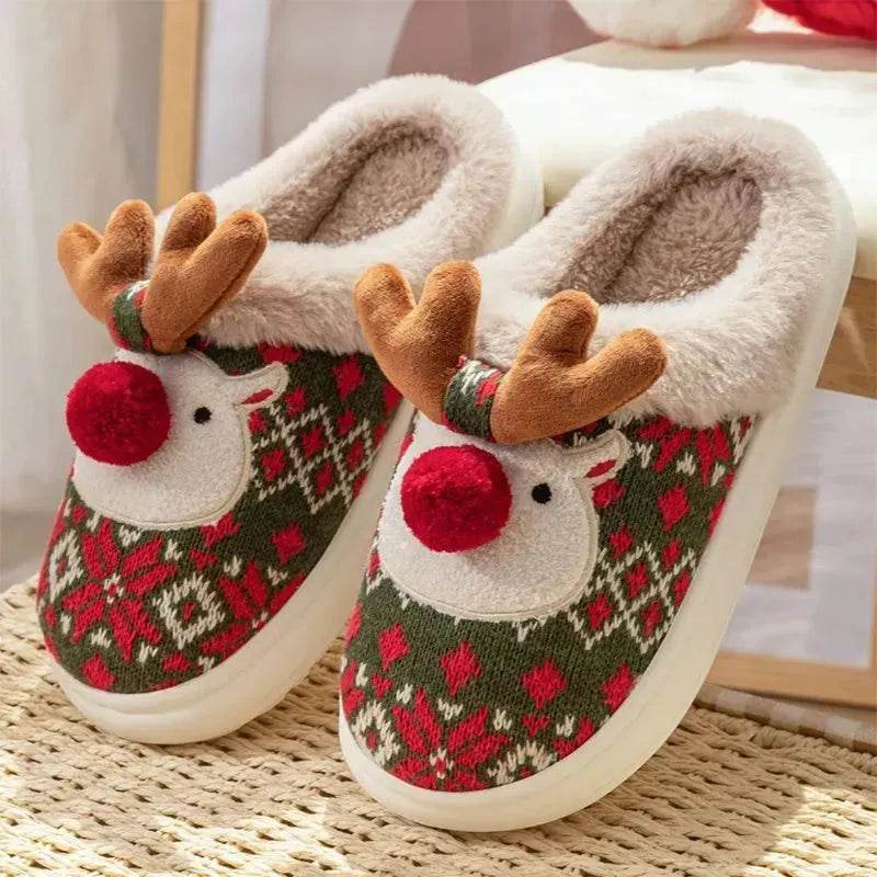 Cute Christmas Elk Plush Slippers Winter Ins Fashion Non-slip Floor Bedroom Home Slippers For Women Fuzzy House Shoes - www.Shopthatapp.com