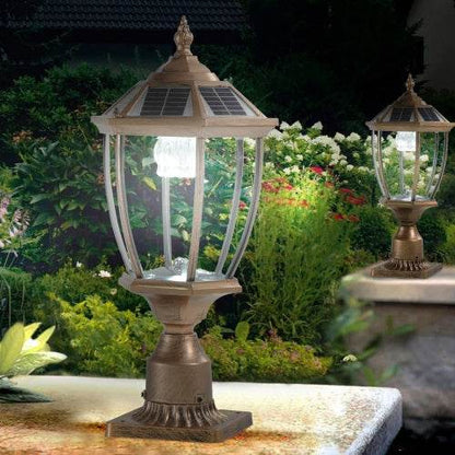 Vintage Gold Solar Pillar Headlight With Dimmable LED-2 Pack Landscape Pathway Light - www.Shopthatapp.com