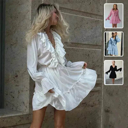 Casual Fashion V Neck Pleated Ruffle Long Sleeve Dress Y2K V Neck Flared Sleeve Short Mini Skater Dress Women's Clothing - www.Shopthatapp.com