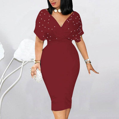Women's Back Zipper dress Elegant Deep V Neck Wrap Bodycon Dress Pencil Midi Dress - www.Shopthatapp.com