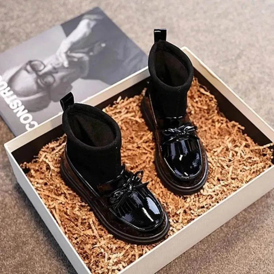 Black Patent leather boots for girls Woolen Winter boot for girls - www.Shopthatapp.com
