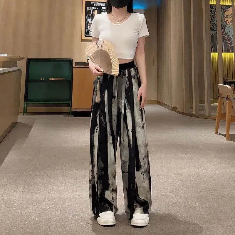 New Painting Ice Silk Wide-leg Baggy Trouser Pants Summer Women - www.Shopthatapp.com