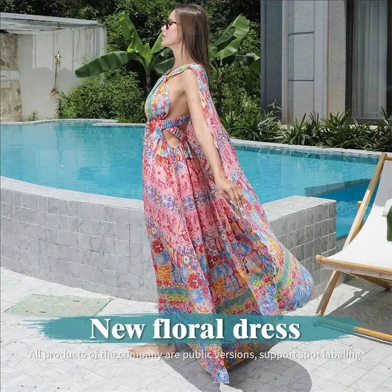 Casual Women's Floral Style Large Hem Cross Open Back Dress - www.Shopthatapp.com