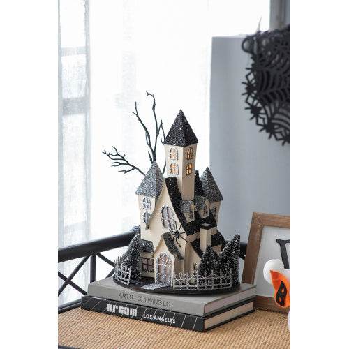 10x8.3x13.5 Cardboard Lighted Haunted House, Black Beige Tabletop Holiday Halloween Decor, Battery Powered - www.Shopthatapp.com