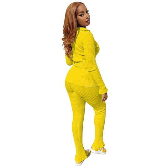 New Fashion Women Casual Slim fit Long sleeve Button down Athleisure wear 2pcs Outfit set - www.Shopthatapp.com