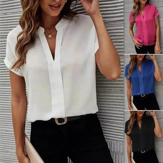 Women's Short-sleeved V-neck Shirt Summer Casual Solid Color Shirt Fashion Womens Clothing - www.Shopthatapp.com