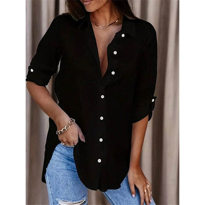 Women's Casual Long Sleeve Button-Down Shirt With Roll-Up Sleeves, Stylish Mid-Length Blouse For Everyday Wear - www.Shopthatapp.com