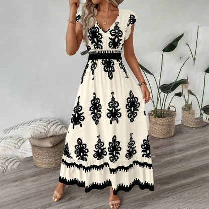 Women's Summer Flowy Maxi Dress Casual Cap Sleeve V Neck Smocked Waist Beach Sundress - www.Shopthatapp.com
