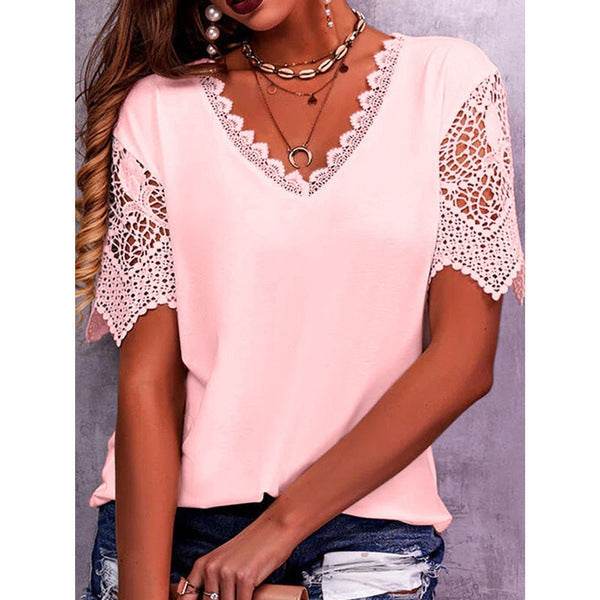Summer Lace Tops Loose V Neck Short Sleeve Casual top - www.Shopthatapp.com